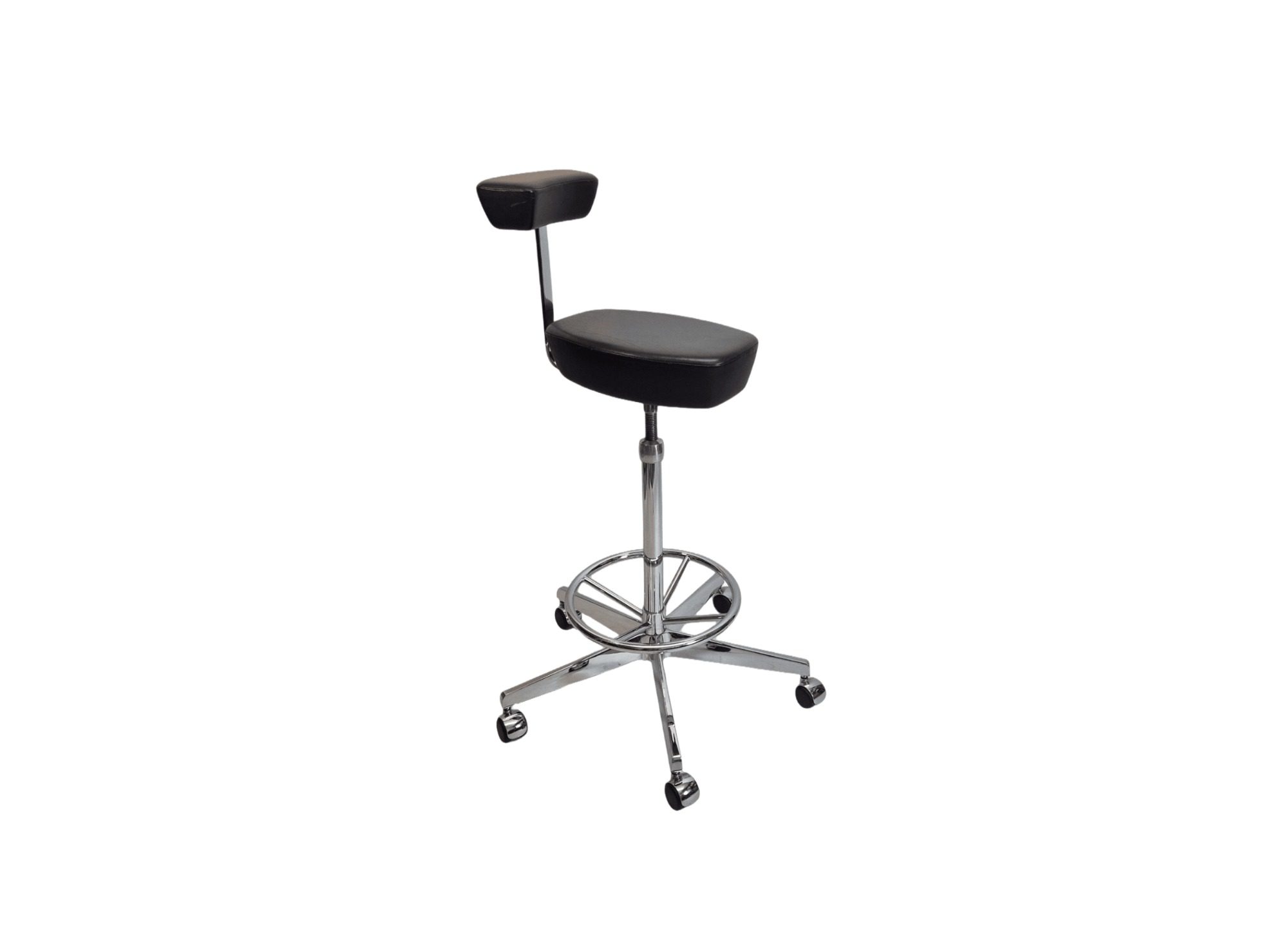 VITRA Nelson Perch Hocker gebraucht | Schwarz Leder | verchromtes Stahlgestell | höhenverstellbar | Original schräg von vorne rechts