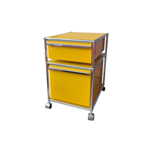 USM Haller Rollcontainer gelb mit 2 Schubladen – Original gebraucht in der Frontalansicht von vorne