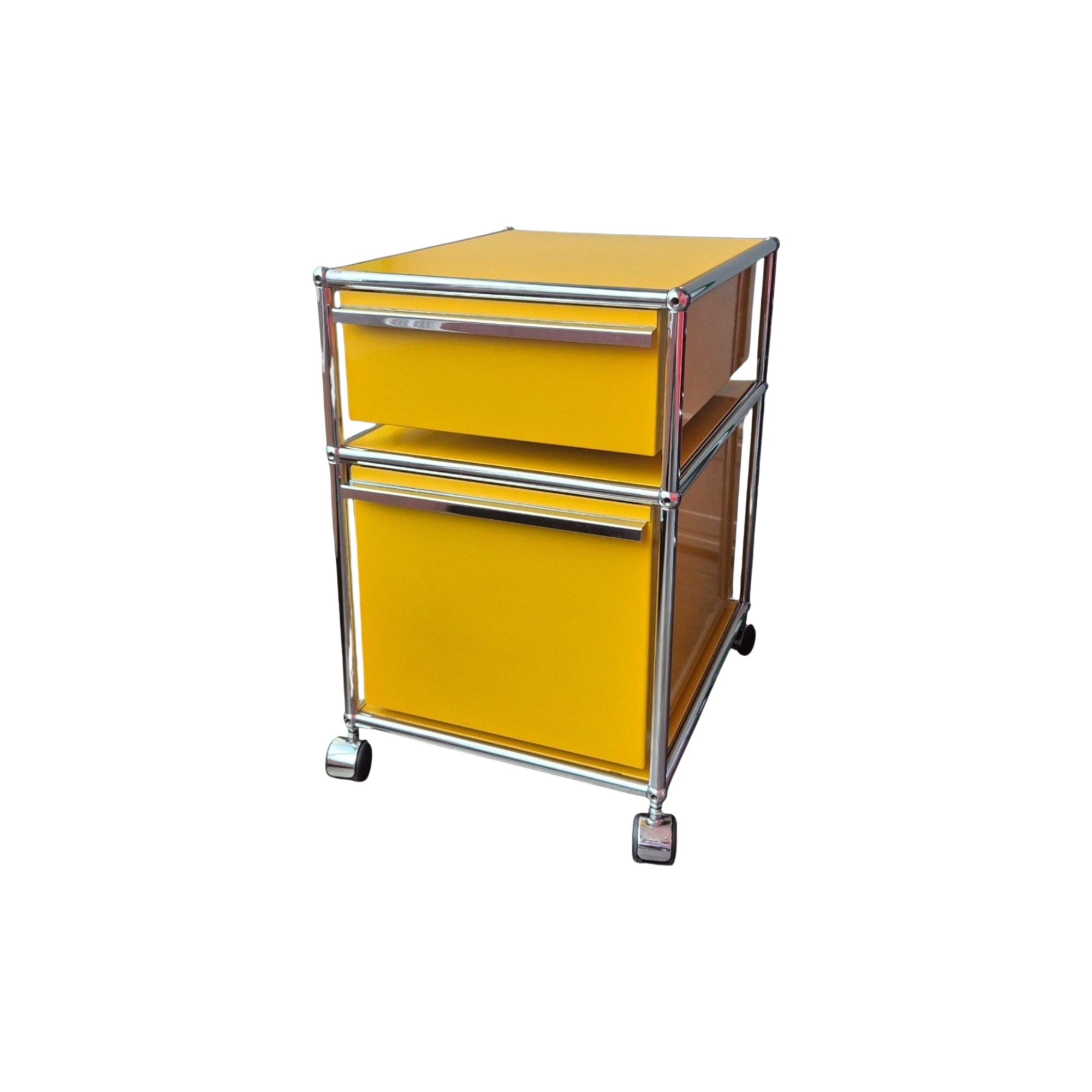 USM Haller Rollcontainer gelb mit 2 Schubladen – Original gebraucht in der Frontalansicht von vorne