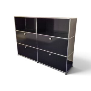 USM Haller Highboard gebraucht, Graphitschwarz Stahlblech, Original schräg von vorne links