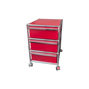 USM Haller Rollcontainer rot 3 Schubladen gebraucht | Stahlblech pulverbeschichtet | Original in der Frontalansicht von vorne