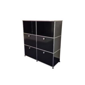 USM Haller Highboard 4 Klappen gebraucht, Graphitschwarz Stahlblech, Original schräg von vorne rechts