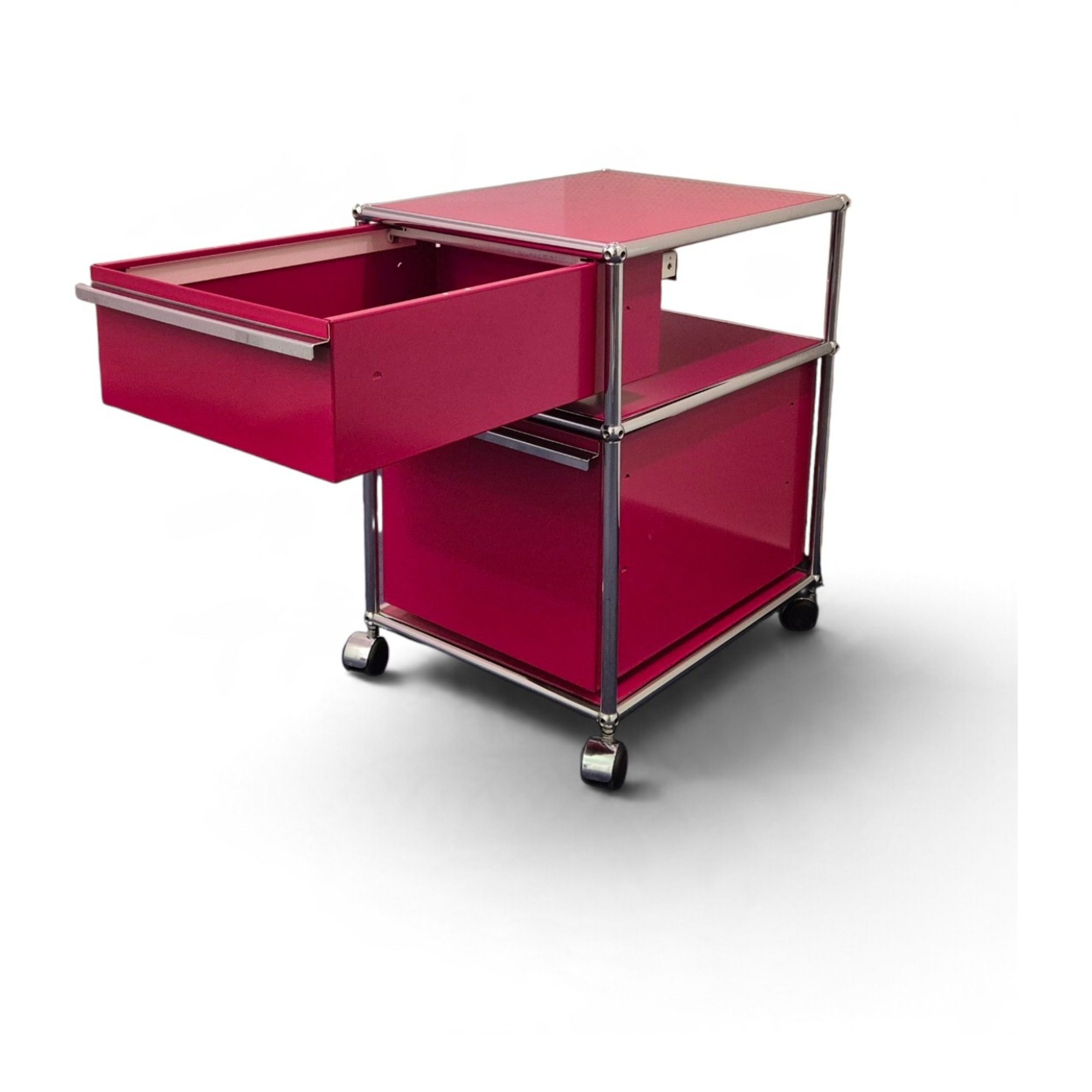 USM Haller Rollcontainer 2 Auszüge gebraucht, Rot Stahlblech, Verchromtes Gestell, Original – Detailaufnahme der Mechanik