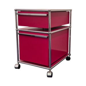 USM Haller Rollcontainer 2 Auszüge gebraucht, Rot Stahlblech, Verchromtes Gestell, Original schräg von vorne rechts